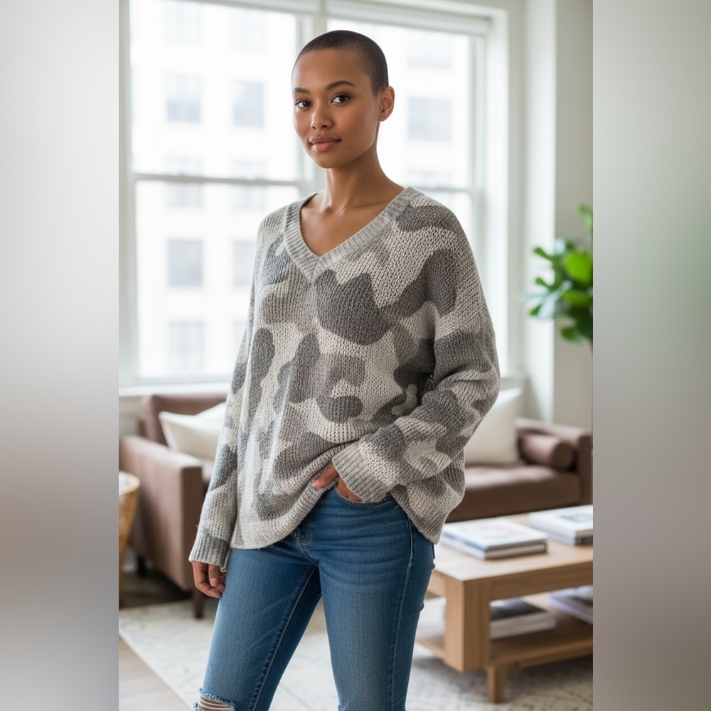 💥*3/$10* Mud Pie Gray and Cream V-Neck Sweater - Picture 3 of 7